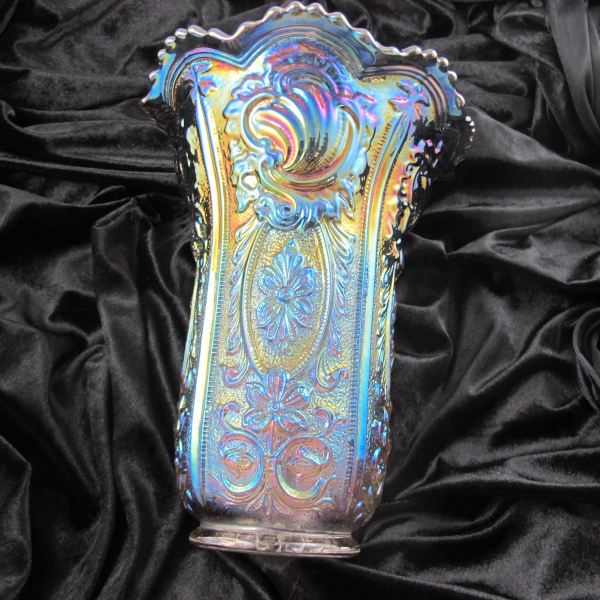 Imperial Scroll & Flower Panels Smoke Carnival Glass Vase Ruffled