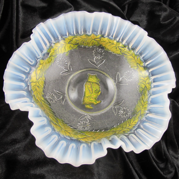 Antique Jefferson White Opal Jolly Bear Opalescent Glass Bowl Goofus Painted