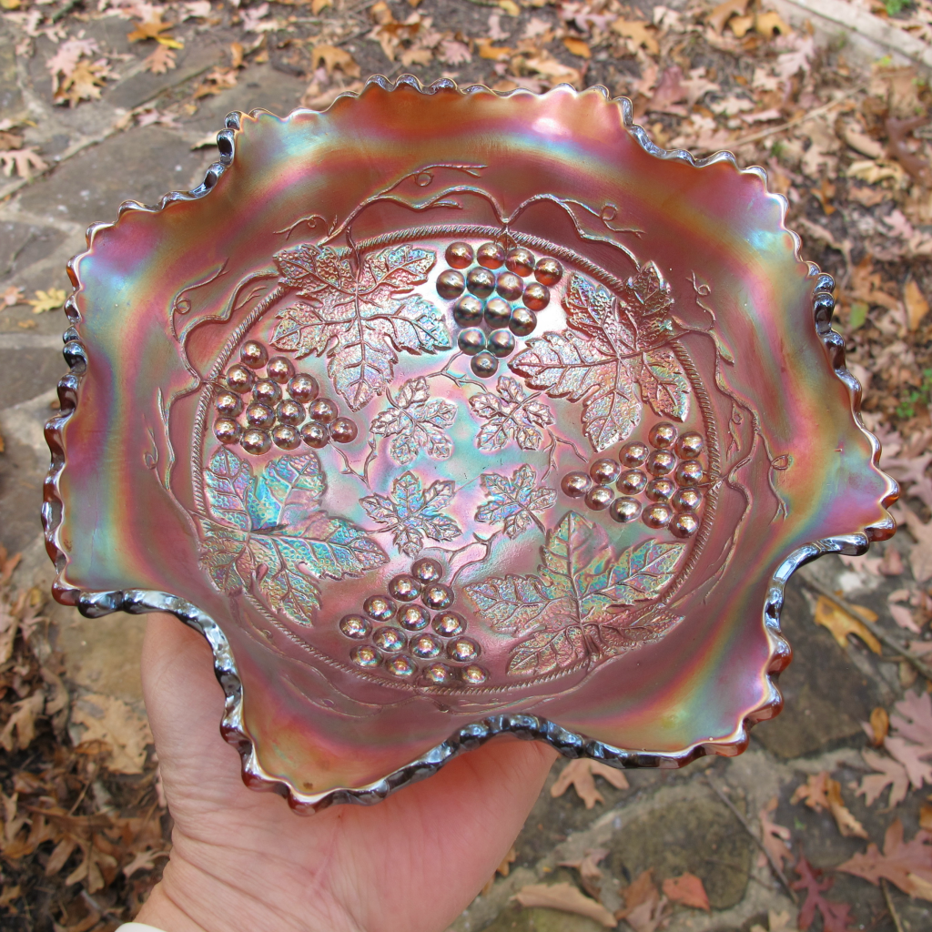 Antique Fenton Grape & Cable Amethyst Carnival Glass Tall Footed Bowl