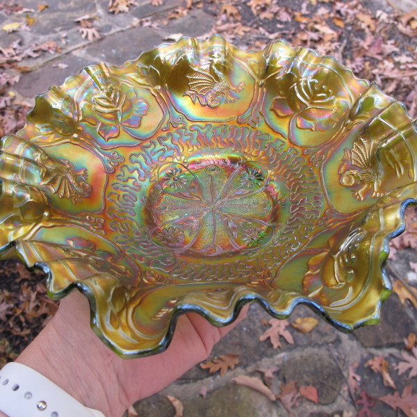 Antique Fenton Dragon & Lotus Green Carnival Glass 3n1 Bowl