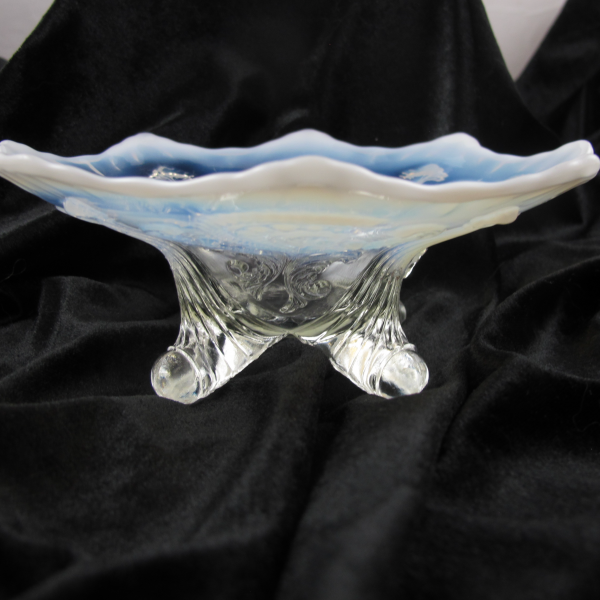 Antique Dugan White Opal Inverted Fan and Feather Opalescent Glass Flared Bowl or Card Tray