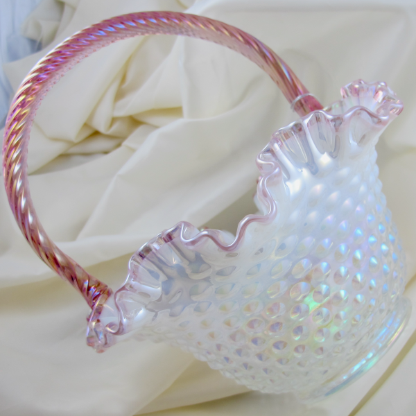Fenton Pink Crested Hobnail Opalescent French Opal Carnival Glass Ruffled Basket