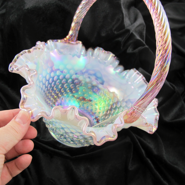 Fenton Pink Crested Hobnail Opalescent French Opal Carnival Glass Ruffled Basket