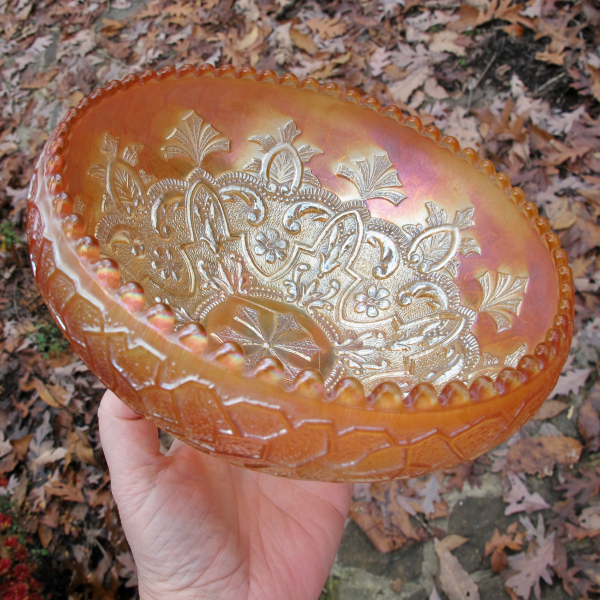 Antique Dugan Marigold Garden Path Variant Carnival Glass Rose Bowl