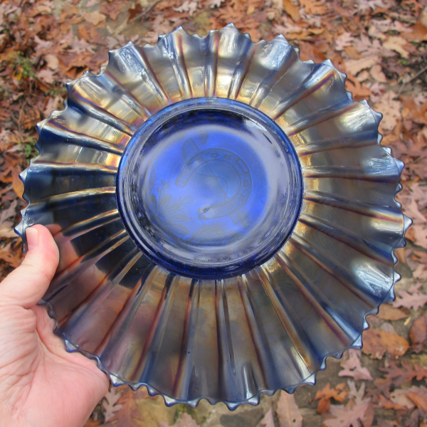 Antique Northwood Good Luck Electric Blue Carnival Glass PCE Bowl