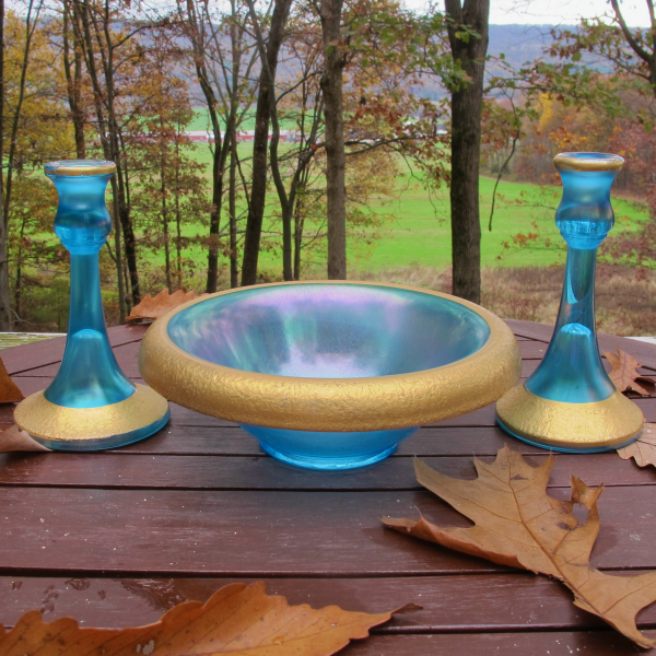 Antique Central Celeste Blue Trumpet Stretch Carnival Glass Console Set Candleholders Bowl - GOLD ENCRUSTED