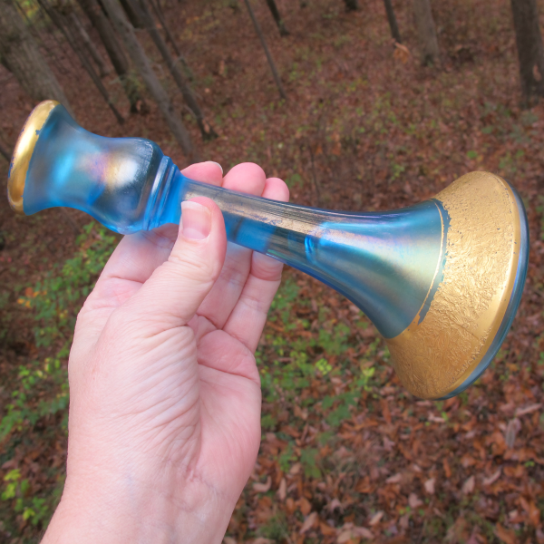 Antique Central Celeste Blue Trumpet Stretch Carnival Glass Console Set Candleholders Bowl - GOLD ENCRUSTED