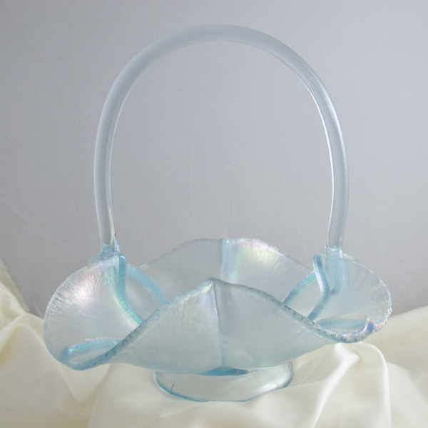 Fenton Ice Blue Velva Blue Melon Rib Stretch Carnival Glass Art Basket