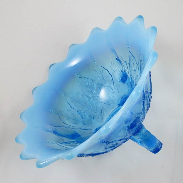 Antique Northwood Blue Opal Leaf & Beads Opalescent Glass Flared Candy Bowl