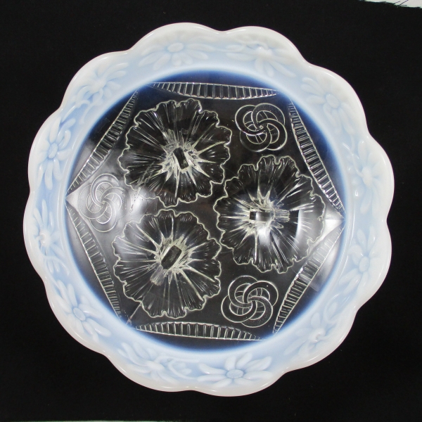 Antique Northwood White Opal Ruffles & Rings with Daisy Band Opalescent Glass Round Bowl