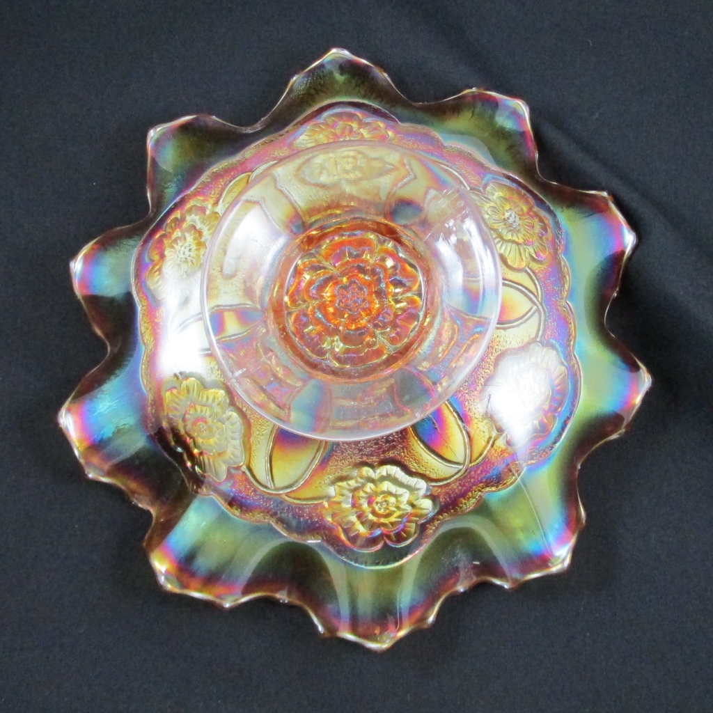 Antique Dugan Marigold Double Stem Rose Carnival Glass 10 Ruffle Bowl