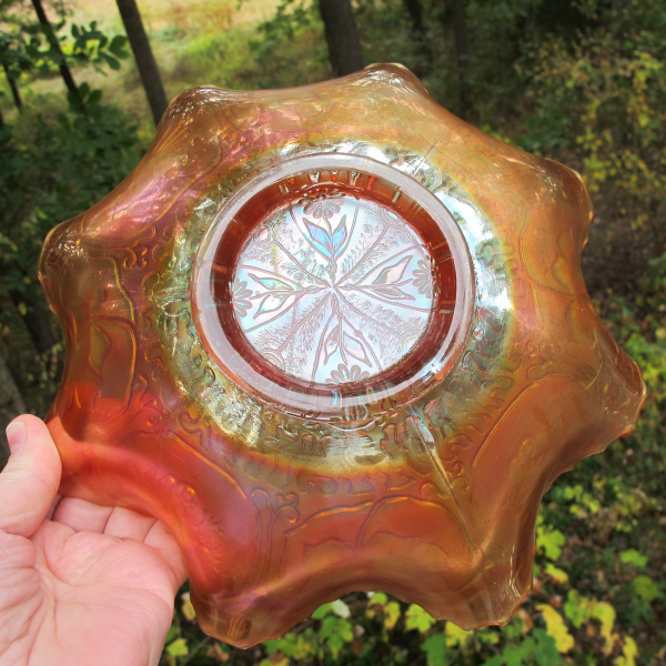 Antique Fenton Dragon & Lotus Pumpkin Marigold Carnival Glass Bowl - PINK!