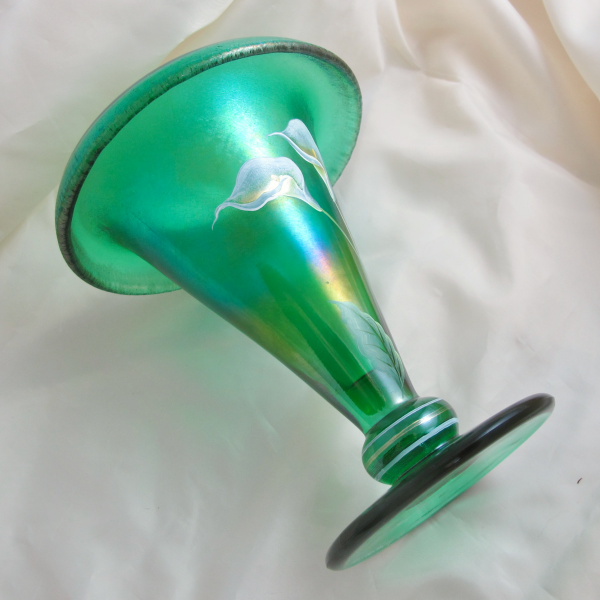 Fenton Calla Lily Emerald Green Stretch Carnival Glass Rolled Top Vase #2/30 Limited Edition