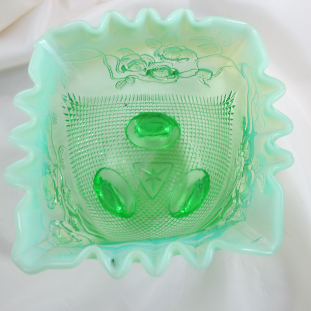 Antique Jefferson Green Opal Fine Cut & Roses Opalescent Glass Novelty