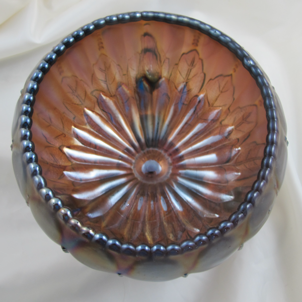Antique Northwood Leaf & Beads Lavender Carnival Glass Rose Bowl w Beaded Rim