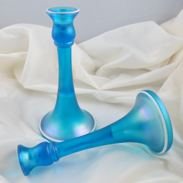 Antique Dugan Diamond Celeste Blue Trumpet Carnival Glass (Stretch) Candleholders Enameled White Trim