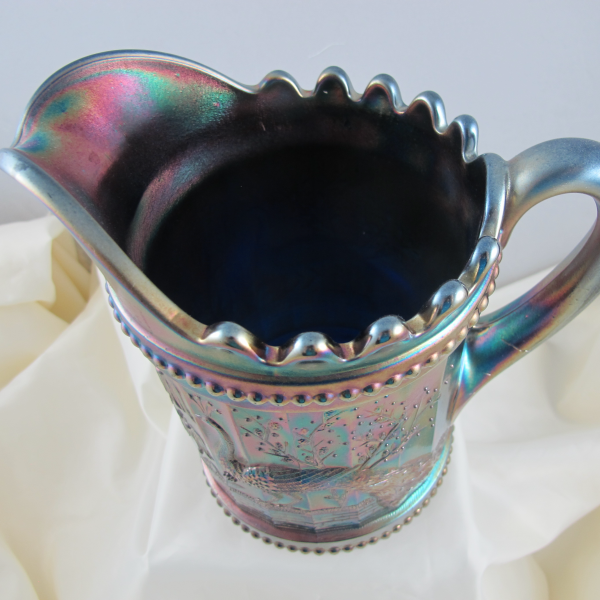 Antique Dugan Blue Peacock At The Fountain Carnival Glass Water Pitcher