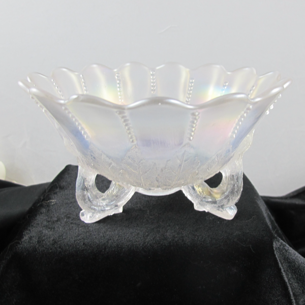 Antique Northwood Leaf & Beads White Carnival Glass Flared Nut Bowl