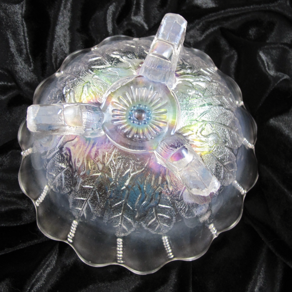 Antique Northwood Leaf & Beads White Carnival Glass Flared Nut Bowl