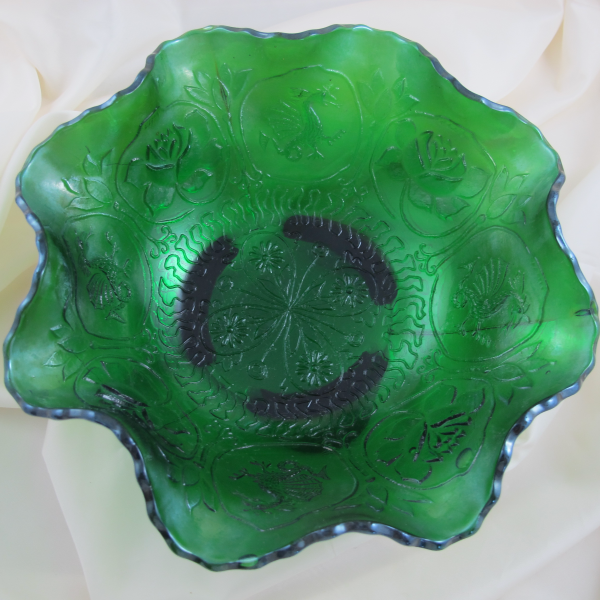 Antique Fenton Dragon & Lotus Green Carnival Glass Footed Bowl