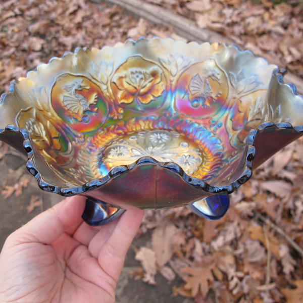 Antique Fenton Dragon & Lotus Blue Carnival Glass Spat Footed Bowl