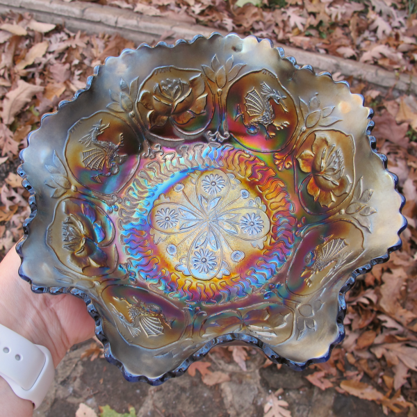 Antique Fenton Dragon & Lotus Blue Carnival Glass Spat Footed Bowl