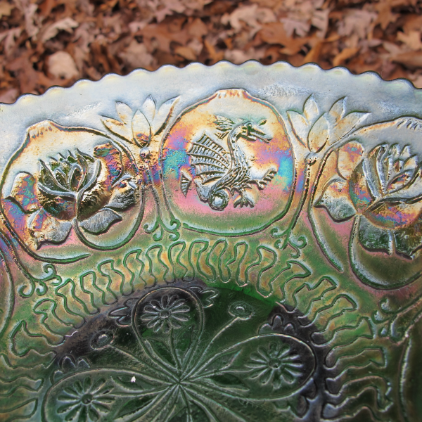 Antique Fenton Dragon & Lotus Green Carnival Glass Flared Nut Bowl - Spat Ftd.