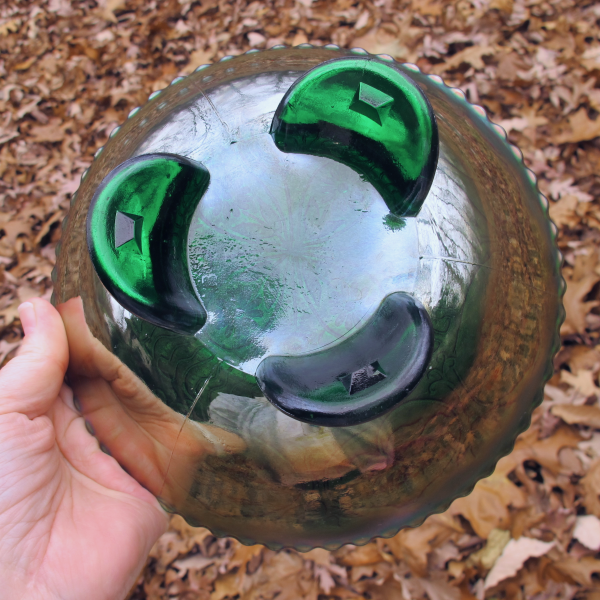 Antique Fenton Dragon & Lotus Green Carnival Glass Flared Nut Bowl - Spat Ftd.