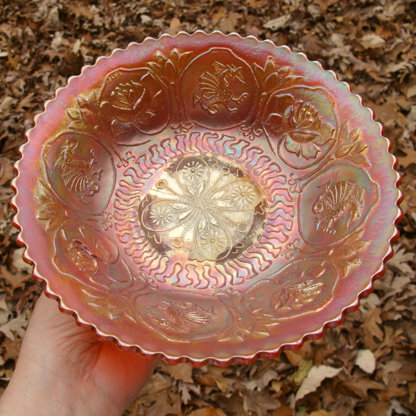Antique Fenton Dragon & Lotus Marigold Carnival Glass Flared Nut Bowl - Spat Ftd.