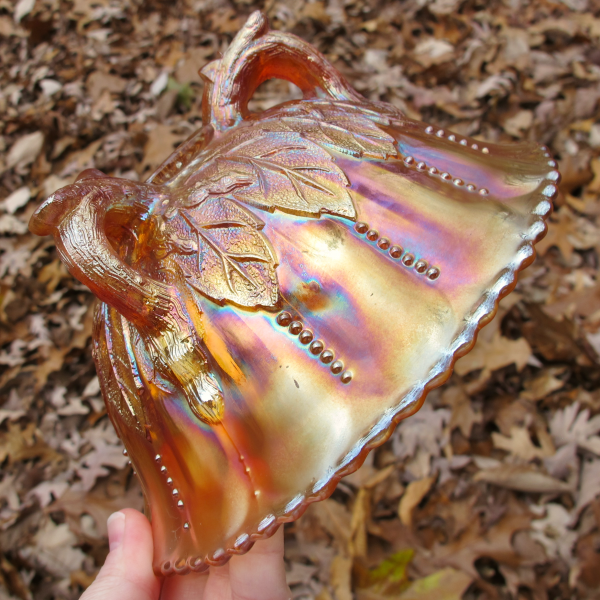 Antique Northwood Leaf & Beads Marigold Carnival Glass Flared Nut Bowl Beaded Rim