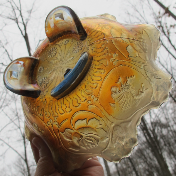 Antique Fenton Dragon & Lotus Powder Blue Carnival Glass Spat Footed Bowl