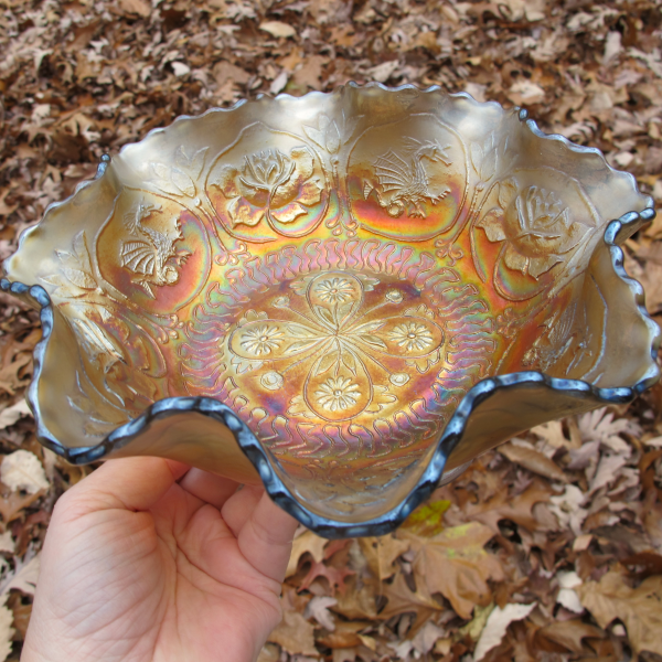 Antique Fenton Dragon & Lotus Powder Blue Carnival Glass Spat Footed Bowl
