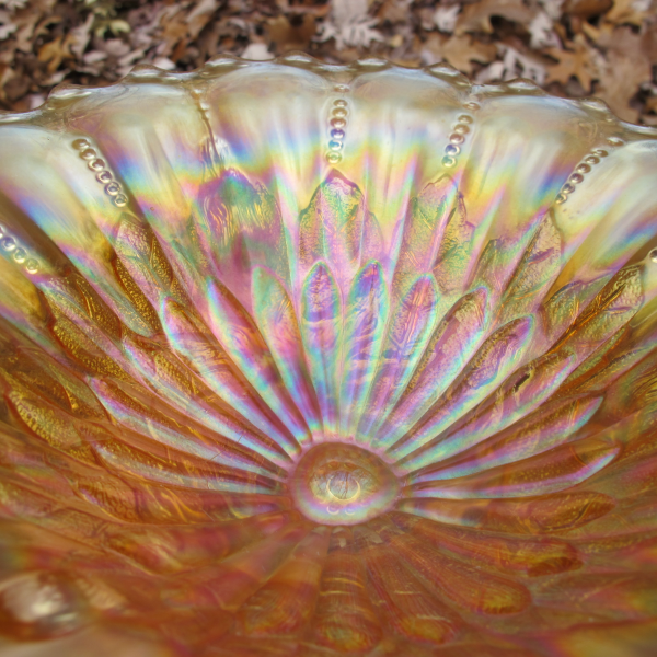 Antique Northwood Leaf & Beads Pastel Marigold Carnival Glass Flared Nut Bowl