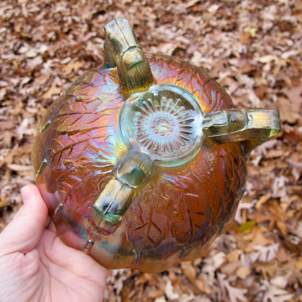 Antique Northwood Aqua Opal Leaf & Beads Carnival Glass Flared Nut Bowl