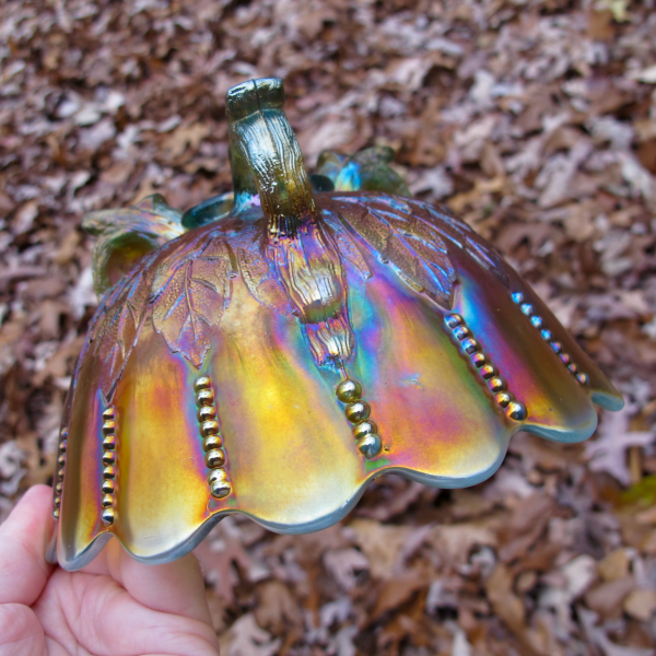 Antique Northwood Aqua Opal Leaf & Beads Carnival Glass Flared Nut Bowl