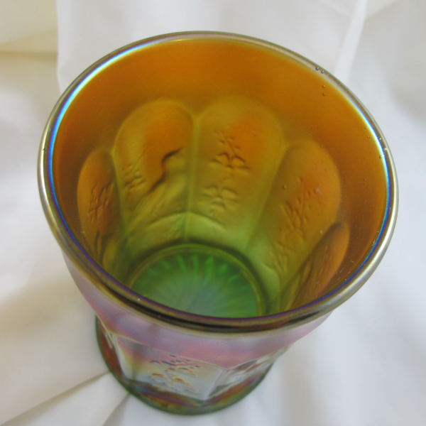 Antique Northwood Singing Birds Lime Green Marigold Overlay Carnival Glass Tumbler