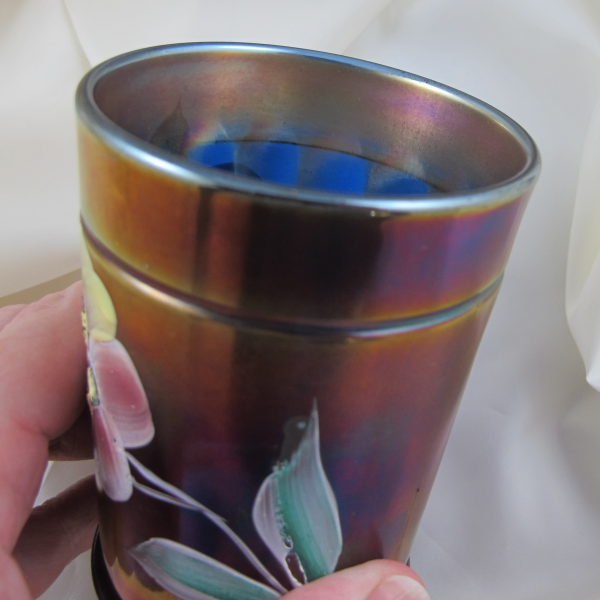 Antique Northwood Enameled Apple Blossom Blue Carnival Glass Tumbler