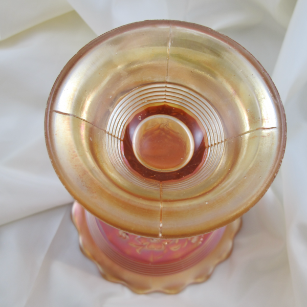 Antique Dugan Summer Days Marigold Carnival Glass Vase Stork Base