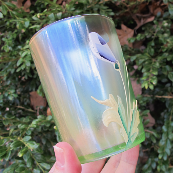 Antique Fenton Enameled Crocus Ice Green Carnival Glass Tumbler