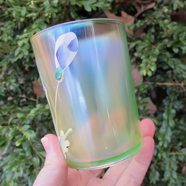 Antique Fenton Enameled Crocus Ice Green Carnival Glass Tumbler