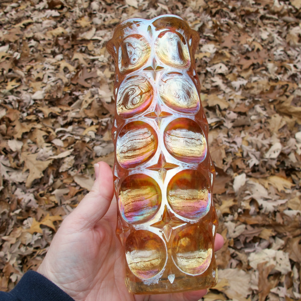 Antique Brockwitz Moonprint Marigold Carnival Glass Vase