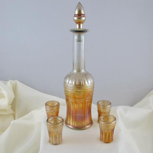 Antique Piccardo Fruit Band Marigold Carnival Glass Cordial Set Decanter + 4 Cordials