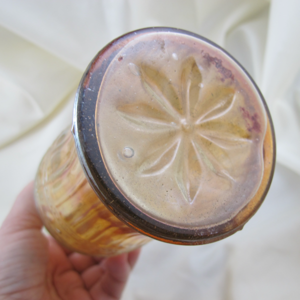 Antique Piccardo Fruit Band Marigold Carnival Glass Cordial Set Decanter + 4 Cordials