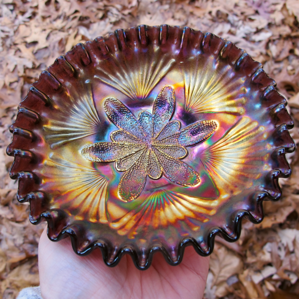 Antique Dugan Petal & Fan Amethyst Carnival Glass Crimped Plate