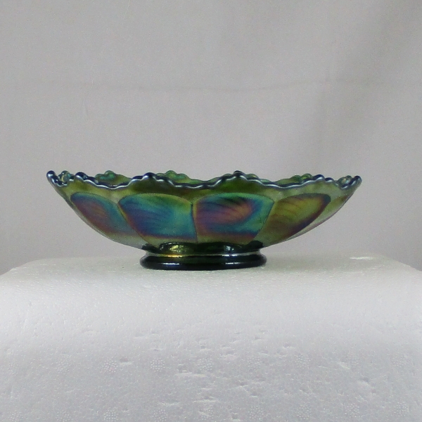 Antique Fenton Peacock Tail Green Carnival Glass Round Bowl