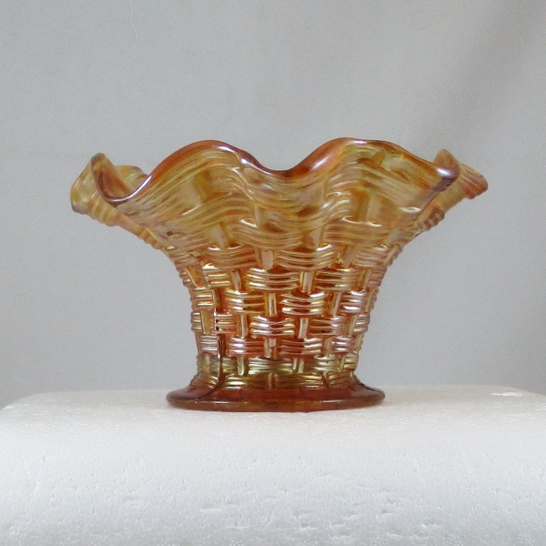 Antique Dugan Persian Garden Big Basketweave Marigold Carnival Glass Squat Vase Fruit Bowl Base