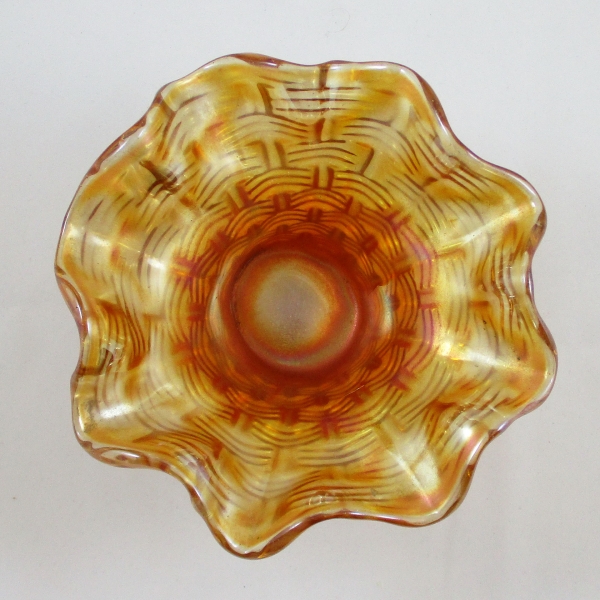 Antique Dugan Persian Garden Big Basketweave Marigold Carnival Glass Squat Vase Fruit Bowl Base