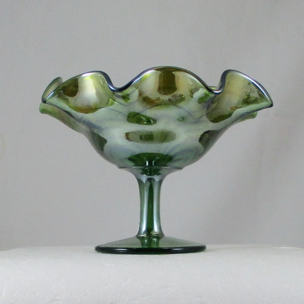 Antique Imperial Helios Green Scroll Embossed Carnival Glass Compote