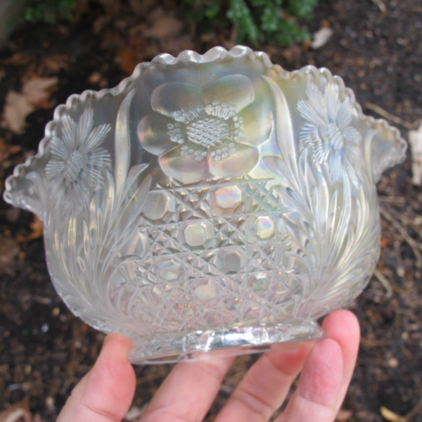 Antique U.S. Glass White Cosmos & Cane Carnival Glass Square Nut Bowl