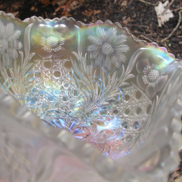 Antique U.S. Glass White Cosmos & Cane Carnival Glass Square Nut Bowl